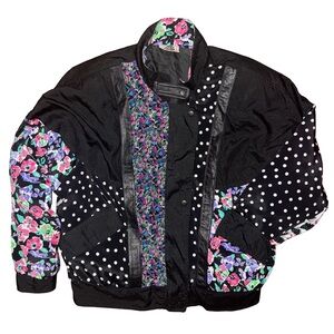 💙💖Vintage 90s Patchwork Floral Polka Dot Black Windbreaker Jacket Maximalist